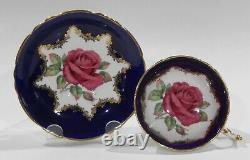 Rare Paragon Johnson FLOATING RED ROSE CUP & SAUCER Cobalt & Gold Filigree