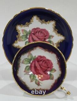 Rare Paragon Johnson FLOATING RED ROSE CUP & SAUCER Cobalt & Gold Filigree