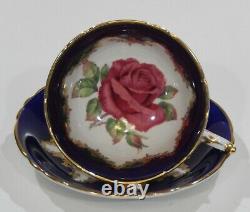 Rare Paragon Johnson FLOATING RED ROSE CUP & SAUCER Cobalt & Gold Filigree