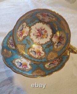 Rare Paragon Pink Rose On Turquoise Cup And Saucer With Heavy Gold Filigree