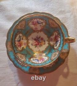 Rare Paragon Pink Rose On Turquoise Cup And Saucer With Heavy Gold Filigree