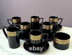 Rare Portmeirion Coffee Tea Set Greek Key Black & Gold Cups/Saucers/Jug/Sugar
