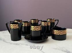 Rare Portmeirion Coffee Tea Set Greek Key Black & Gold Cups/Saucers/Jug/Sugar