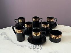 Rare Portmeirion Coffee Tea Set Greek Key Black & Gold Cups/Saucers/Jug/Sugar