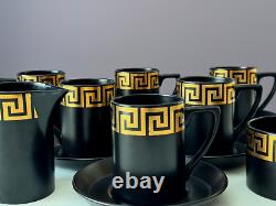 Rare Portmeirion Coffee Tea Set Greek Key Black & Gold Cups/Saucers/Jug/Sugar