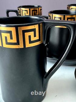 Rare Portmeirion Coffee Tea Set Greek Key Black & Gold Cups/Saucers/Jug/Sugar
