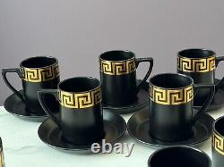 Rare Portmeirion Coffee Tea Set Greek Key Black & Gold Cups/Saucers/Jug/Sugar