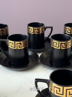 Rare Portmeirion Coffee Tea Set Greek Key Black & Gold Cups/Saucers/Jug/Sugar