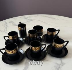 Rare Portmeirion Coffee Tea Set Greek Key Black & Gold Cups/Saucers/Jug/Sugar