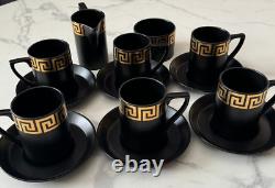 Rare Portmeirion Coffee Tea Set Greek Key Black & Gold Cups/Saucers/Jug/Sugar