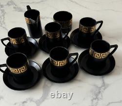 Rare Portmeirion Coffee Tea Set Greek Key Black & Gold Cups/Saucers/Jug/Sugar