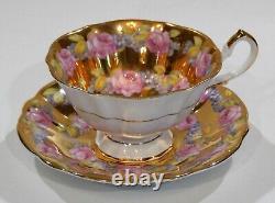 Rare Queen Anne PINK ROSE FLORAL GARLAND CUP & SAUCER Completely Gold Gilded