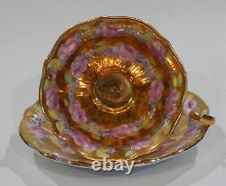 Rare Queen Anne PINK ROSE FLORAL GARLAND CUP & SAUCER Completely Gold Gilded