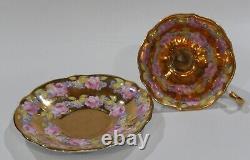 Rare Queen Anne PINK ROSE FLORAL GARLAND CUP & SAUCER Completely Gold Gilded