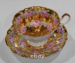 Rare Queen Anne PINK ROSE FLORAL GARLAND CUP & SAUCER Completely Gold Gilded