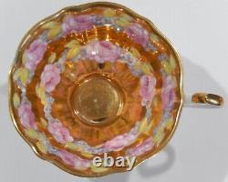 Rare Queen Anne PINK ROSE FLORAL GARLAND CUP & SAUCER Completely Gold Gilded