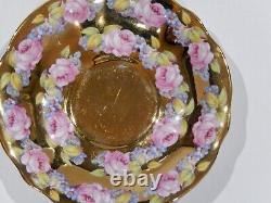 Rare Queen Anne PINK ROSE FLORAL GARLAND CUP & SAUCER Completely Gold Gilded