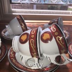 Rare Rosenthal Versace Medusa Red & Gold Set Of 6 Tea Cups & Saucers