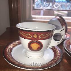 Rare Rosenthal Versace Medusa Red & Gold Set Of 6 Tea Cups & Saucers