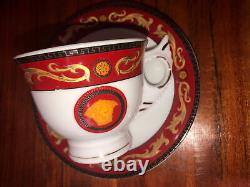 Rare Rosenthal Versace Medusa Red & Gold Set Of 6 Tea Cups & Saucers