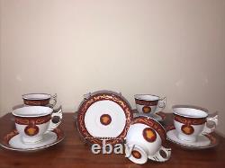 Rare Rosenthal Versace Medusa Red & Gold Set Of 6 Tea Cups & Saucers