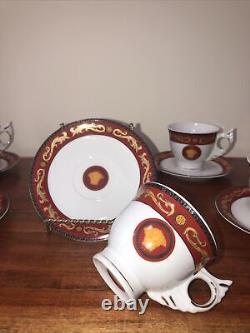 Rare Rosenthal Versace Medusa Red & Gold Set Of 6 Tea Cups & Saucers