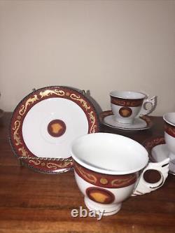 Rare Rosenthal Versace Medusa Red & Gold Set Of 6 Tea Cups & Saucers