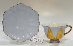 Rare SHELLEY HARLEQUIN FOOTED DAINTY CUP & SAUCER GOLD PANELS & BABY BLUE Color