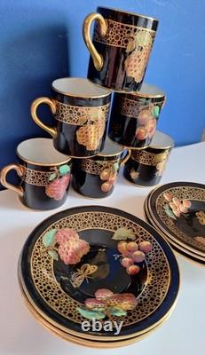 Rare SOHO Pottery ArtDeco Set Of 6 × Demitasse Cups Saucers Black Gold 1930s