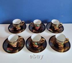Rare SOHO Pottery ArtDeco Set Of 6 × Demitasse Cups Saucers Black Gold 1930s