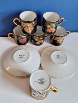 Rare SOHO Pottery ArtDeco Set Of 6 × Demitasse Cups Saucers Black Gold 1930s