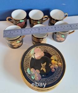 Rare SOHO Pottery ArtDeco Set Of 6 × Demitasse Cups Saucers Black Gold 1930s