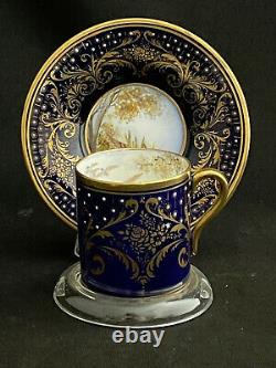 Rare Shelley Cobalt Blue Miniature Demitasse Cup & Saucer Gold Geese Ducks Fowl