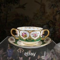 Rare & Stunning Cauldon two handled Bouillon cup & saucer with Floral & Gold