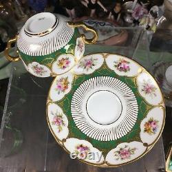 Rare & Stunning Cauldon two handled Bouillon cup & saucer with Floral & Gold