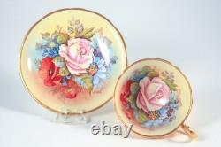 Rare VTG Aynsley Gold Floral Cabbage Rose Teacup & Saucer Set JA Bailey England