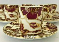 Rare Vintage 6-Piece Set Shelley Mocha Cups and Saucers Burgandy Flowers & Gold