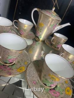 Rare Vintage Aynsley B380 Gold Honeycomb & Hand-Painted Enamel Tea Set 13 Piec