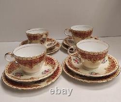 Rare Vintage Aynsley Red & Gold Floral Trio Tea Cups & Saucers X 4 Set Excellent