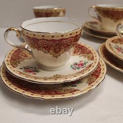 Rare Vintage Aynsley Red & Gold Floral Trio Tea Cups & Saucers X 4 Set Excellent