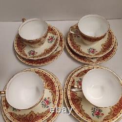 Rare Vintage Aynsley Red & Gold Floral Trio Tea Cups & Saucers X 4 Set Excellent