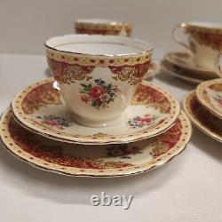Rare Vintage Aynsley Red & Gold Floral Trio Tea Cups & Saucers X 4 Set Excellent