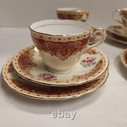 Rare Vintage Aynsley Red & Gold Floral Trio Tea Cups & Saucers X 4 Set Excellent