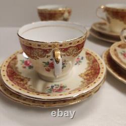 Rare Vintage Aynsley Red & Gold Floral Trio Tea Cups & Saucers X 4 Set Excellent