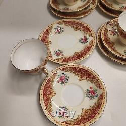 Rare Vintage Aynsley Red & Gold Floral Trio Tea Cups & Saucers X 4 Set Excellent