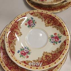 Rare Vintage Aynsley Red & Gold Floral Trio Tea Cups & Saucers X 4 Set Excellent