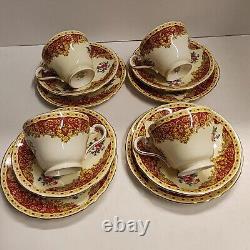 Rare Vintage Aynsley Red & Gold Floral Trio Tea Cups & Saucers X 4 Set Excellent