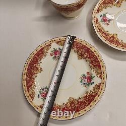 Rare Vintage Aynsley Red & Gold Floral Trio Tea Cups & Saucers X 4 Set Excellent