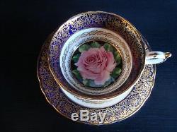 Rare Vintage Paragon 1950's Cobalt Tea Cup & Saucer with Huge Pink Rose & Gold