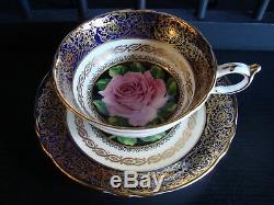 Rare Vintage Paragon 1950's Cobalt Tea Cup & Saucer with Huge Pink Rose & Gold